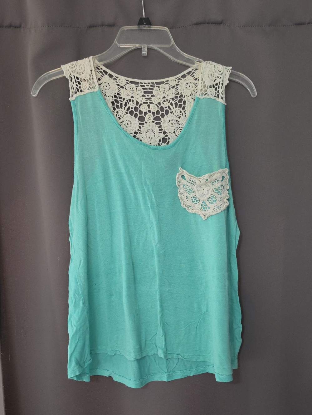 Rue21 Aqua Tank Top with White Crochet Accents